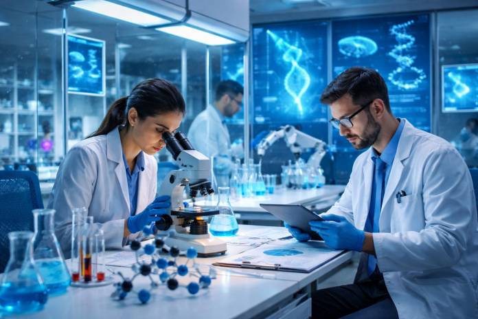scientific research laboratory showing modern experiments and technological innovations
