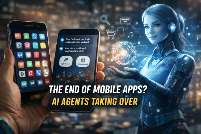 AI agent replacing mobile apps on smartphone showing future AI-driven digital assistant concept