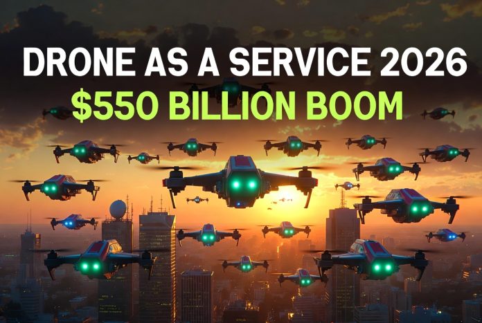 Drone as a Service 2026 DaaS market boom with autonomous drone swarms flying over city and defense operations