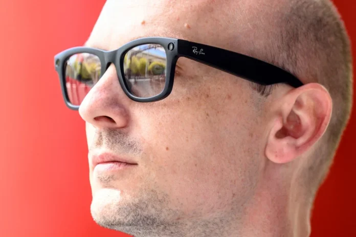 Meta smart glasses user wearing AI wearable device with privacy warning and data tracking concept illustration