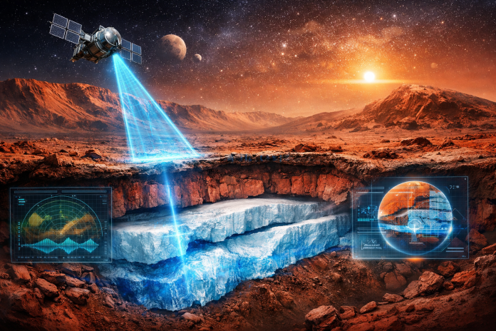 Scientific visualization of underground water ice detected beneath Mars surface using radar imaging