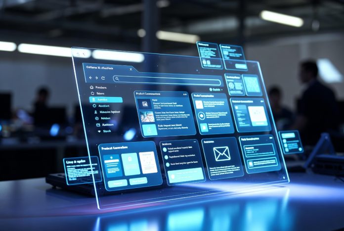 Alt Text Person using an AI-powered web browser with holographic AI assistant organizing search results and online tasks.
