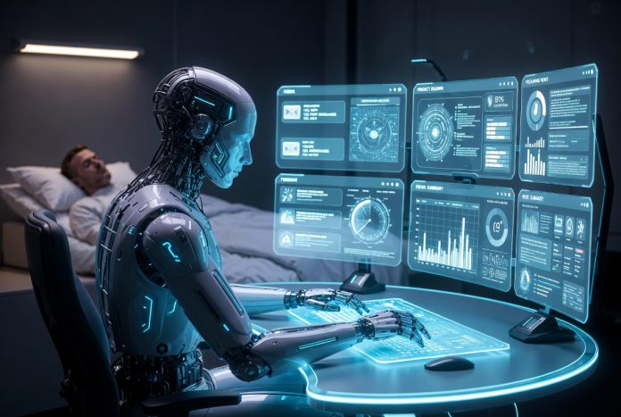 AI digital twin assistant managing holographic work dashboards while a human sleeps in the background.
