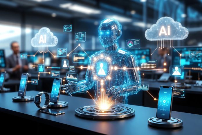 AI assistant organizing a user's digital memories through holographic timelines and connected data networks.