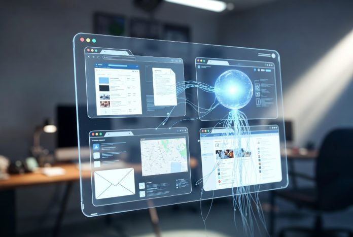 AI-powered browser displaying holographic search results while an intelligent assistant organizes webpages automatically.