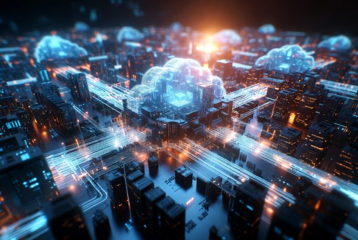 Modern AI cloud infrastructure connecting global data centers with artificial intelligence processing.