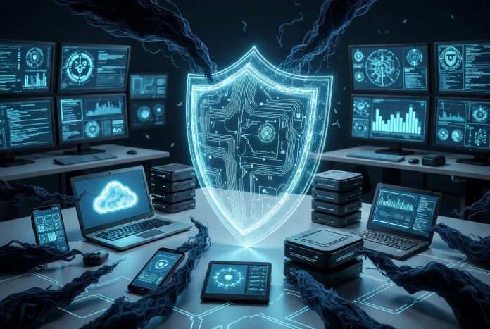 Cybersecurity shield protecting laptops, smartphones, and cloud servers from AI-powered cyberattacks.