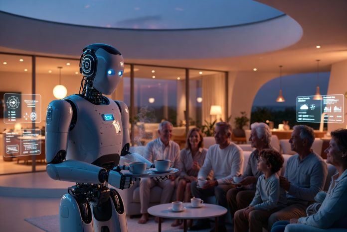 Humanoid AI-powered personal robot assisting a family inside a modern smart home.
