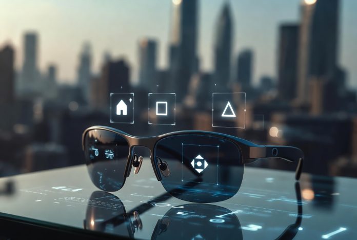 Futuristic AI smart glasses displaying holographic digital information in a modern city environment.