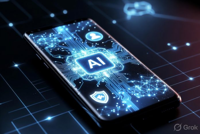 Modern smartphone using on-device artificial intelligence with neural processing and privacy-focused AI features.