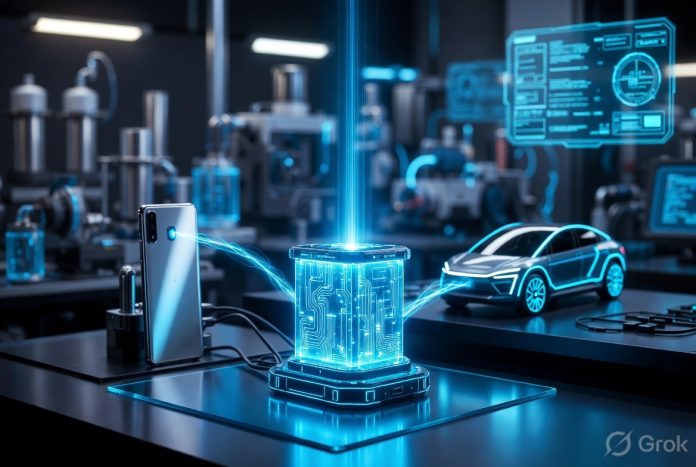 Concept illustration of a futuristic quantum battery powering smartphones and electric vehicles.