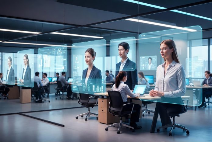 Modern office where professionals collaborate with AI digital employees through intelligent holographic interfaces.